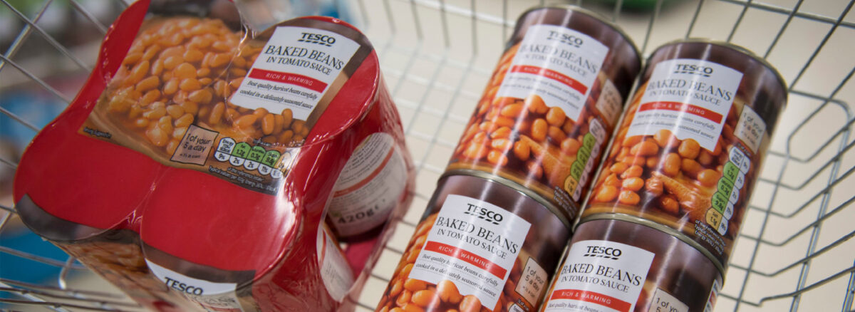 Image of Tesco baked beans cans in plastic packaging