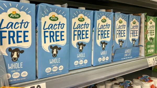 Arla lacto free milk displayed on the shelves in a supermarket. Arla Foods Ltd is a major dairy products company in the United Kingdom.