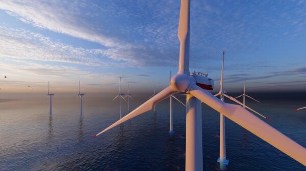 Offshore wind turbines farm on the ocean