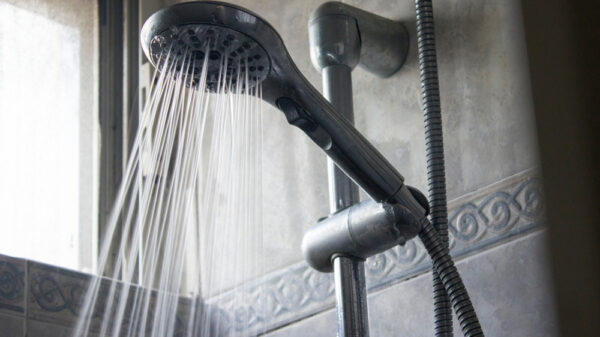 Close-up of a high pression water spray stream pouring from a handheld shower head in domestic bathroom. Experts are urging ministers to label showers and toilets to reduce water shortage and tackle drought in south east England.