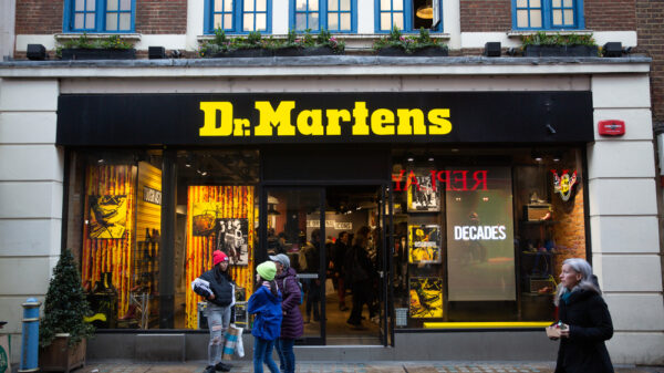 Exterior of Dr Martens store on Oxford Street. Dr.Martens is a german brand of footwear.