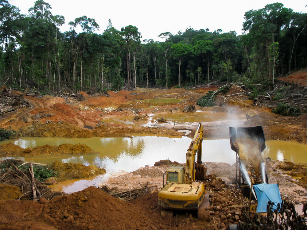 Rainforest destruction. Gold mining place in Guyana, South America. Amazon and Essequibo basin deforestation.