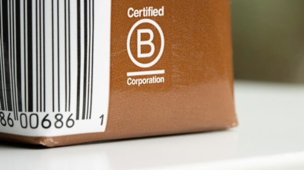 B Corporation label on a Stumptown cold brew coffee carton. B Corp is a private certification of for-profit companies of their social and environmental performance.