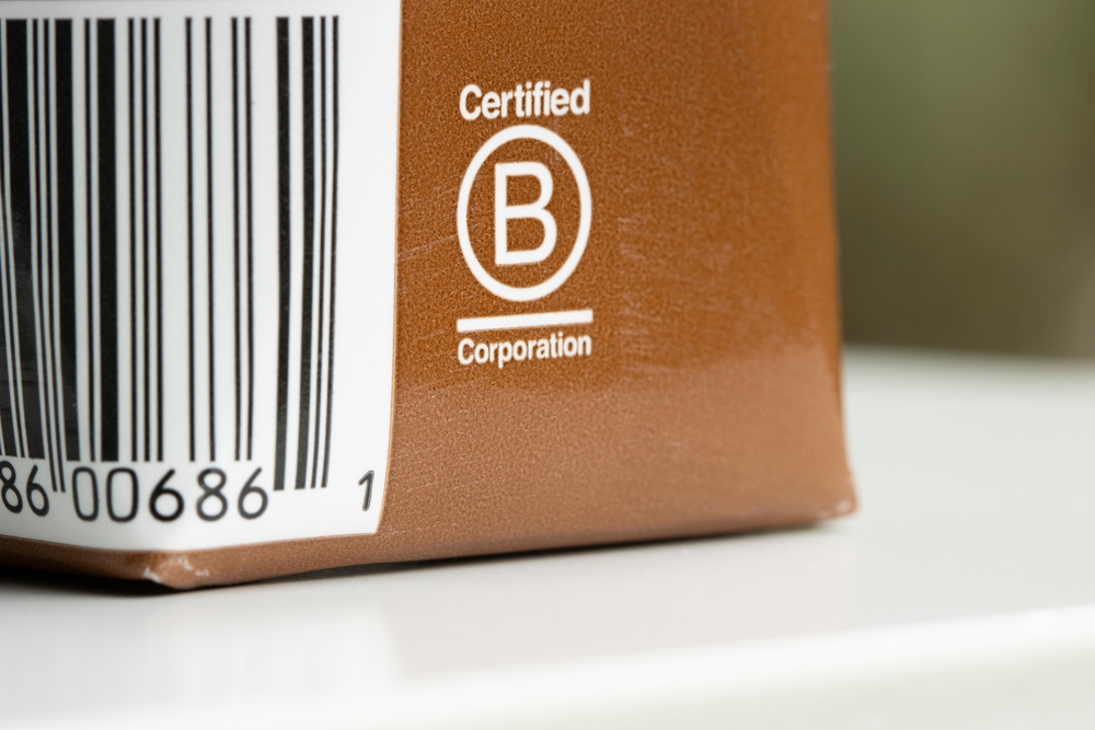 B Corporation label on a Stumptown cold brew coffee carton. B Corp is a private certification of for-profit companies of their social and environmental performance.
