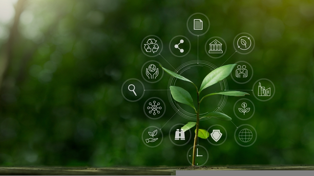 ESG icon concept with small tree for environmental, social, and governance in sustainable and ethical business on the Network connection on a green background. TNFD