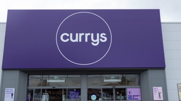 The frontage and logo of British electonics retailer, Currys at the Merry Hill Shopping Centre near Brierley Hill