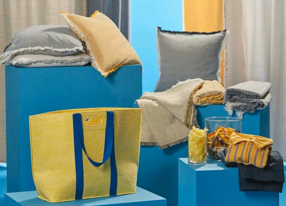 Ikea has launched a new homewares range made from 300 tonnes of recycled staff uniforms, as it moves towards a circular business model.